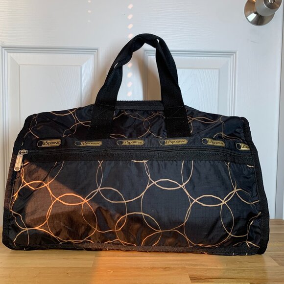LeSportsac Black & Gold Geometric Nylon Duffel Bag – Weekender Travel Tote w/ St - Picture 1 of 12